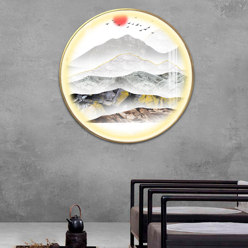 Oriental Led Wall Light With Mountain And Sun Pattern - Gold Mount Fixture