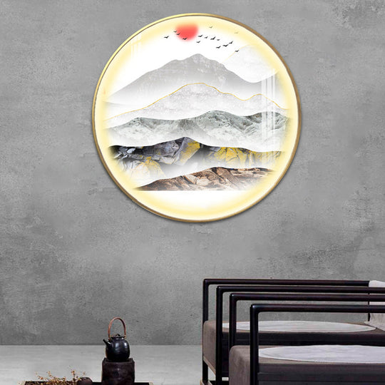 Oriental Led Wall Light With Mountain And Sun Pattern - Gold Mount Fixture