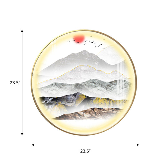 Oriental Led Wall Light With Mountain And Sun Pattern - Gold Mount Fixture