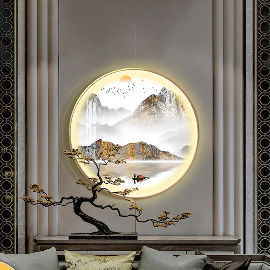 Oriental Led Wall Light With Mountain And Sun Pattern - Gold Mount Fixture / A