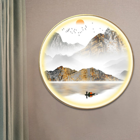 Oriental Led Wall Light With Mountain And Sun Pattern - Gold Mount Fixture