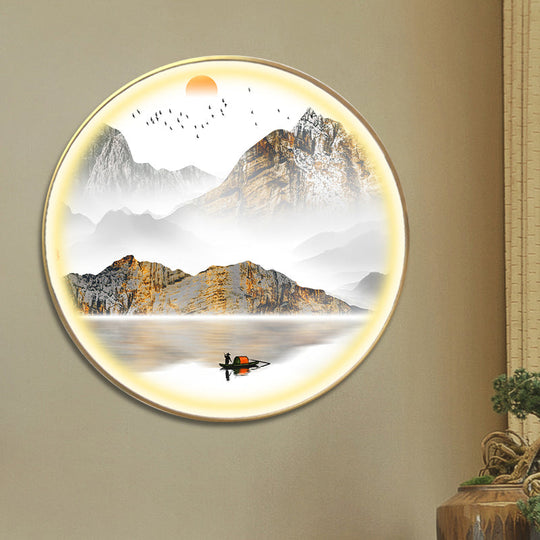 Oriental Led Wall Light With Mountain And Sun Pattern - Gold Mount Fixture