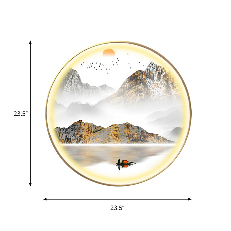 Oriental Led Wall Light With Mountain And Sun Pattern - Gold Mount Fixture