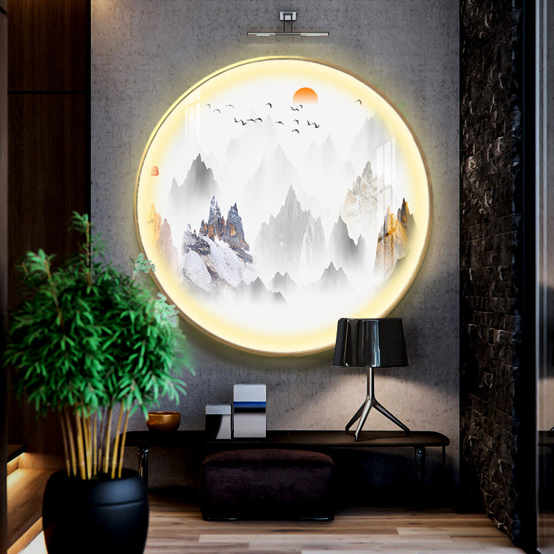 Gold Chinese Metal Led Wall Light With Mountain And Sun Pattern - Round Mural Design / C