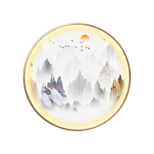Gold Chinese Metal Led Wall Light With Mountain And Sun Pattern - Round Mural Design