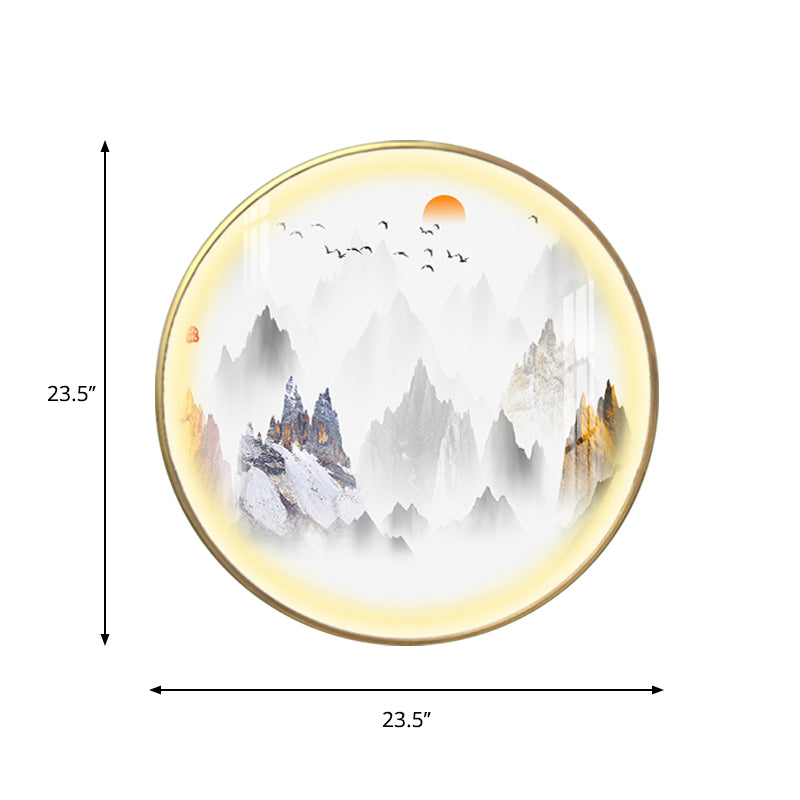 Gold Chinese Metal Led Wall Light With Mountain And Sun Pattern - Round Mural Design