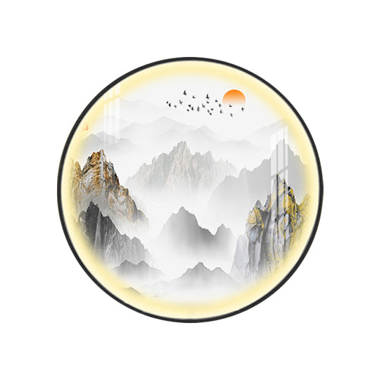 Gold Chinese Metal Led Wall Light With Mountain And Sun Pattern - Round Mural Design