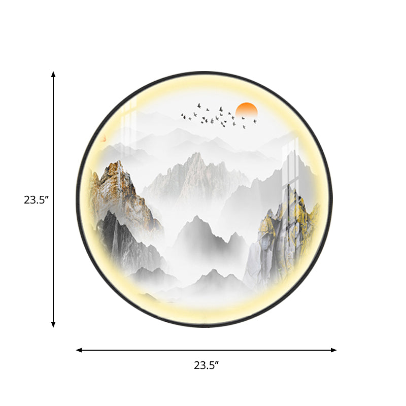 Gold Chinese Metal Led Wall Light With Mountain And Sun Pattern - Round Mural Design