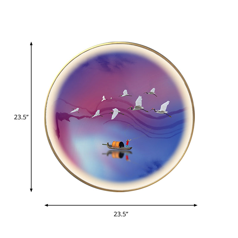 Asia Led Metallic Wall Lamp: Purplish Blue Circular Mural Light With Elegant Crane And Boat Pattern