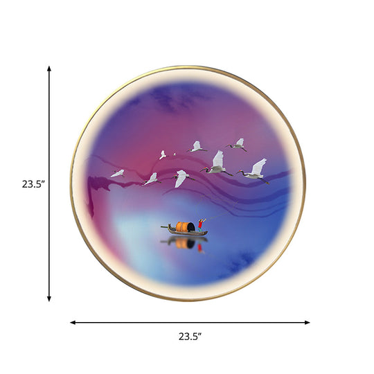 Asia Led Metallic Wall Lamp: Purplish Blue Circular Mural Light With Elegant Crane And Boat Pattern