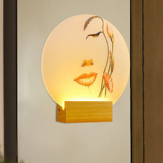 Minimalist Led Wood Wall Lamp: Circular Metallic Butterfly And Leaf Mural Lighting