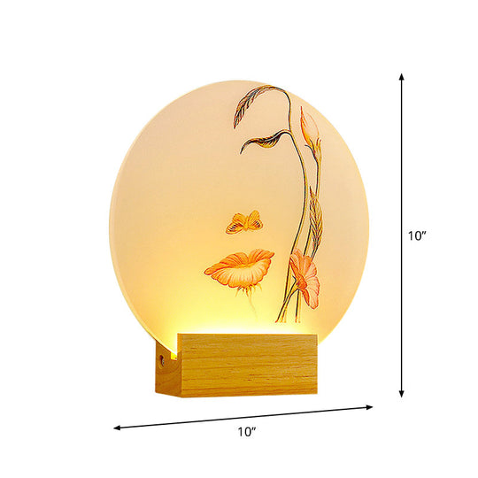 Minimalist Led Wood Wall Lamp: Circular Metallic Butterfly And Leaf Mural Lighting