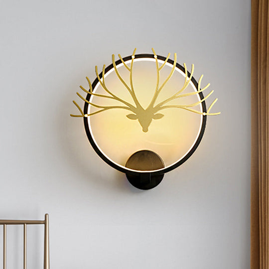 Nordic Style Circular Elk Deer Head Wall Lamp - Metal Led Black/Gold Mural Light For Bedside