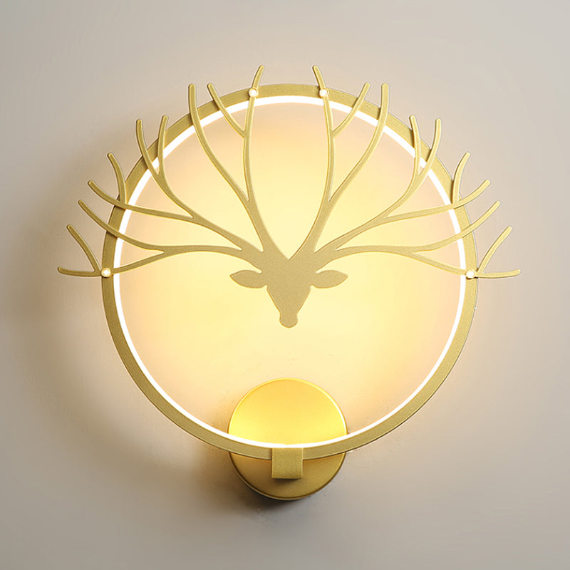 Nordic Style Circular Elk Deer Head Wall Lamp - Metal Led Black/Gold Mural Light For Bedside