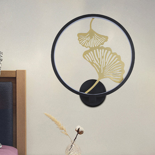 Circular Ginkgo Mural Light: Contemporary Led Metallic Wall Lighting For Living Room (Black/White