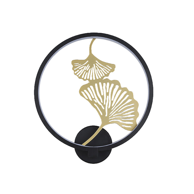 Circular Ginkgo Mural Light: Contemporary Led Metallic Wall Lighting For Living Room (Black/White