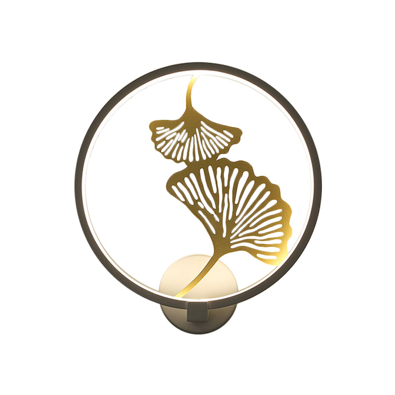 Circular Ginkgo Mural Light: Contemporary Led Metallic Wall Lighting For Living Room (Black/White