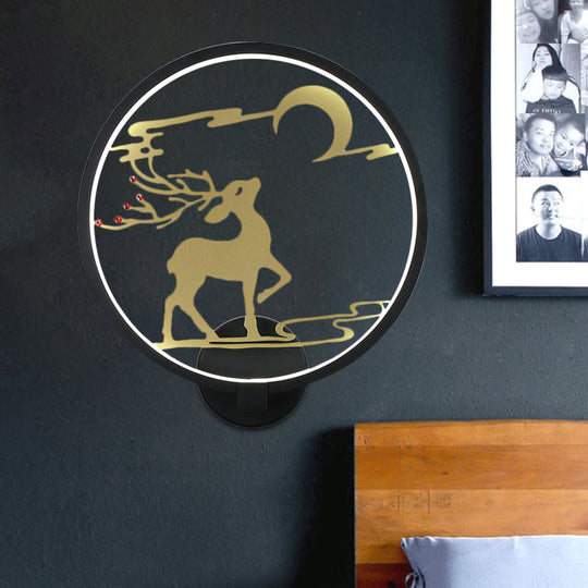 Modern Round Metal Led Wall Light With Elk Deer Pattern - Black/White Warm/White Black / White