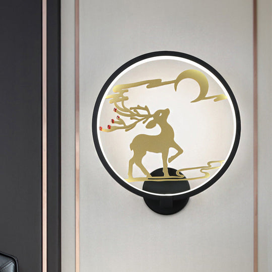 Modern Round Metal Led Wall Light With Elk Deer Pattern - Black/White Warm/White
