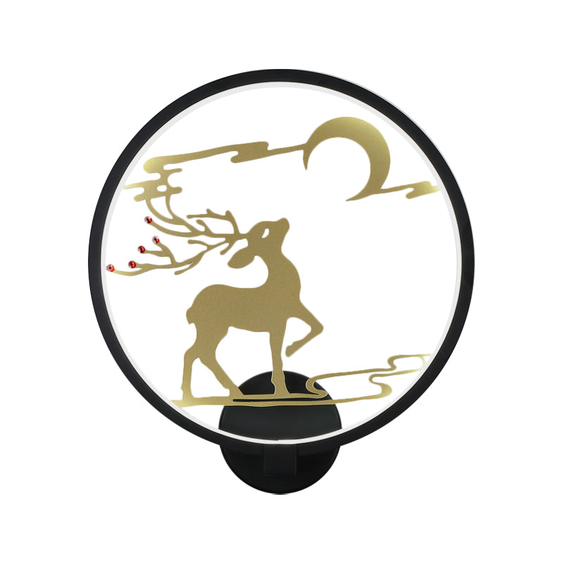 Modern Round Metal Led Wall Light With Elk Deer Pattern - Black/White Warm/White