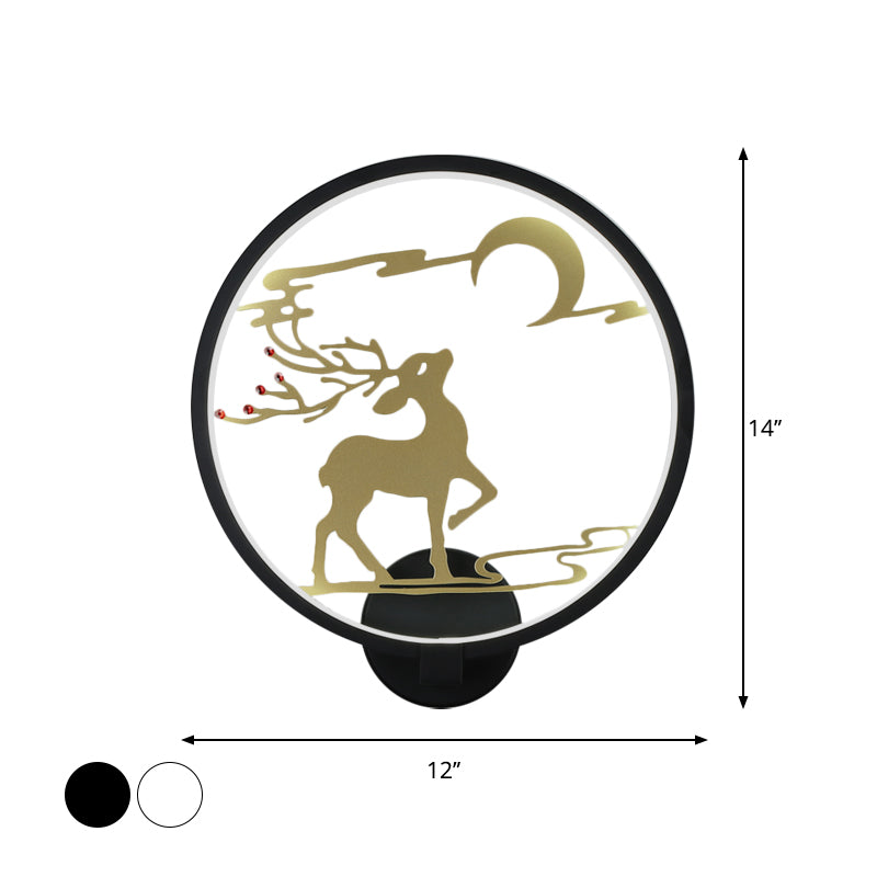 Modern Round Metal Led Wall Light With Elk Deer Pattern - Black/White Warm/White