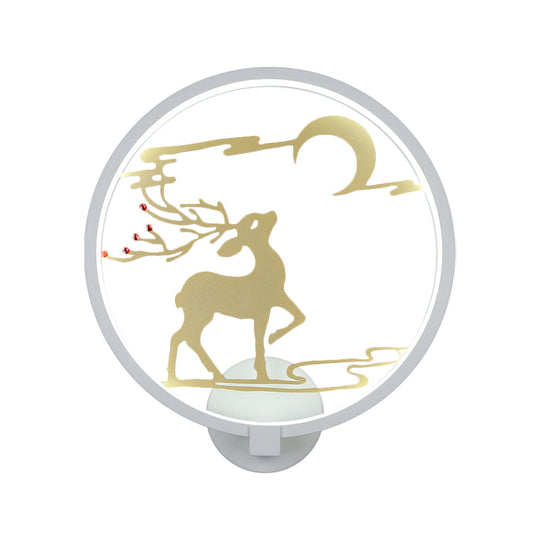 Modern Round Metal Led Wall Light With Elk Deer Pattern - Black/White Warm/White