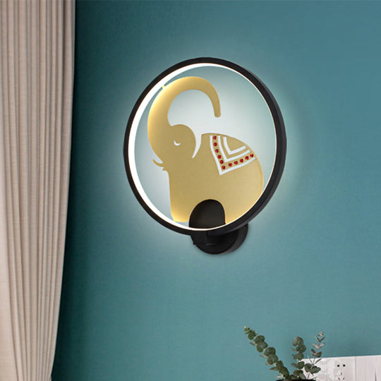 Postmodern Circular Metallic Mural Lamp: Led Elephant Wall Lighting Fixture In