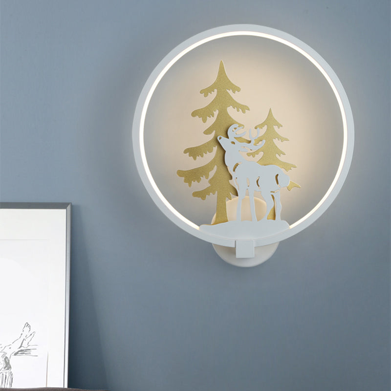 Minimalist Led Metal Wall Light Fixture With Black/White Deer And Tree Mural - Warm/White Lighting