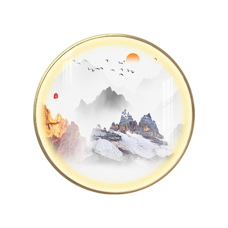 Gold Chinese Metal Led Wall Light With Mountain And Sun Pattern - Round Mural Design