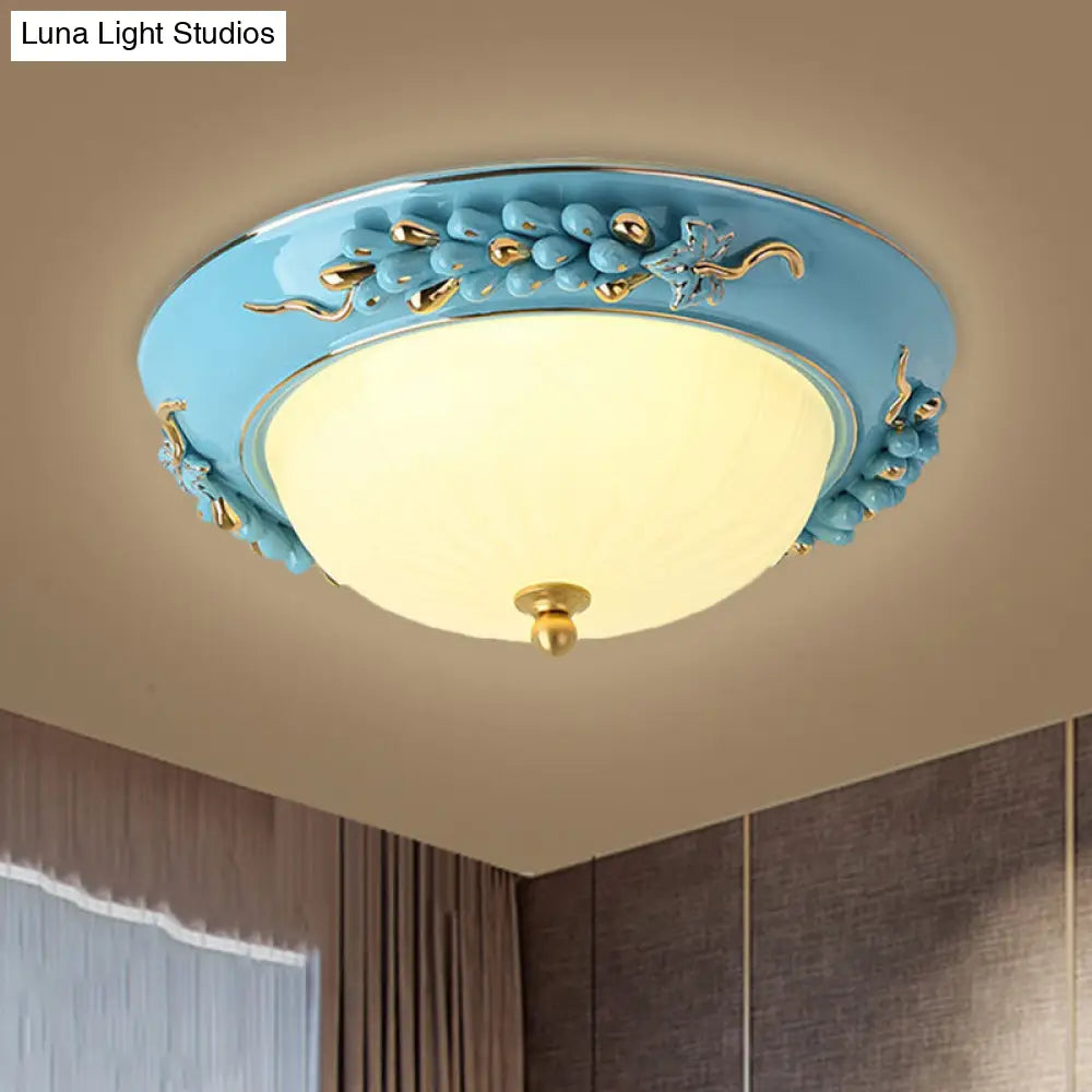 12/14 Blue Led Ceiling Flush Mount With Antiqued Opal Glass Floral Design Warm/White Light / 12 Warm