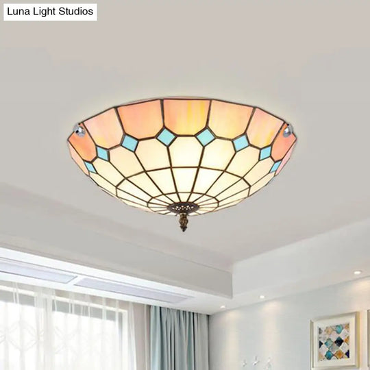12’/16’/19.5’ Wide Pink Tiffany Ceiling Light With Grid Glass Bowl Shade - Perfect For Living