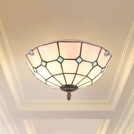 12’/16’/19.5’ Wide Pink Tiffany Ceiling Light With Grid Glass Bowl Shade - Perfect For Living