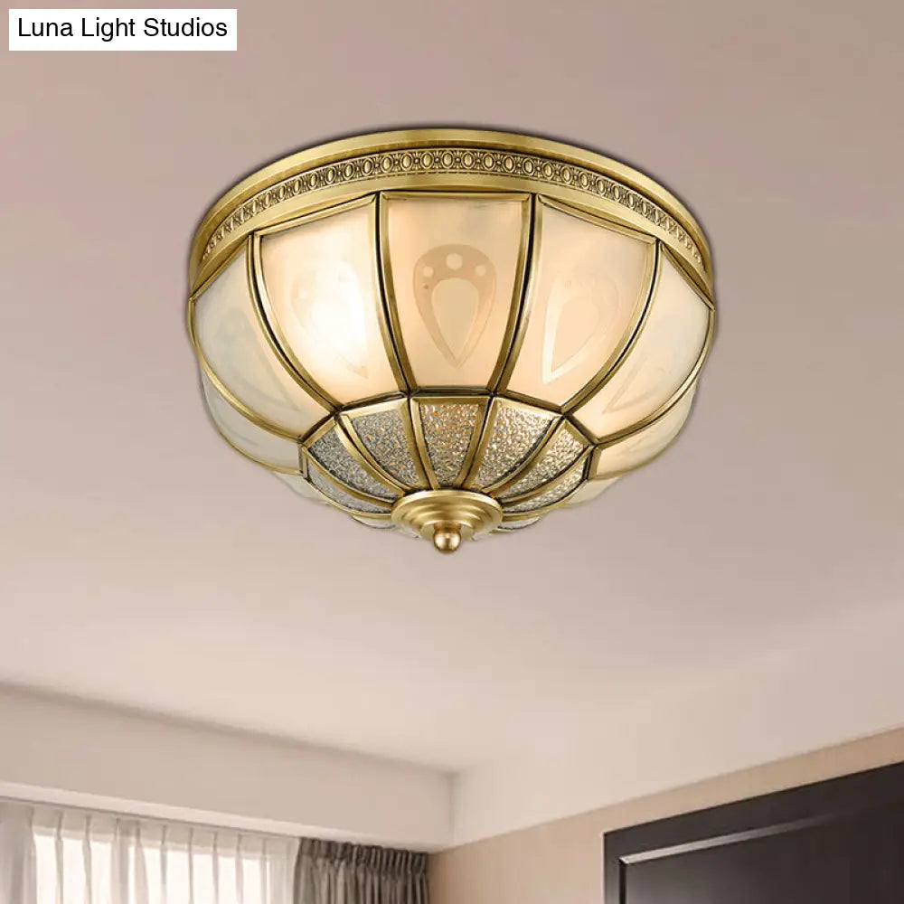 12/16 Dome Flush Mount Light With Colonial Opal Frosted Glass Brass Finish 2/3 Bulbs - Bedroom