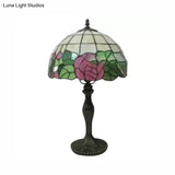 12/16 Pink Rose Tiffany Stained Glass Table Light With 1 In Bronze/Black