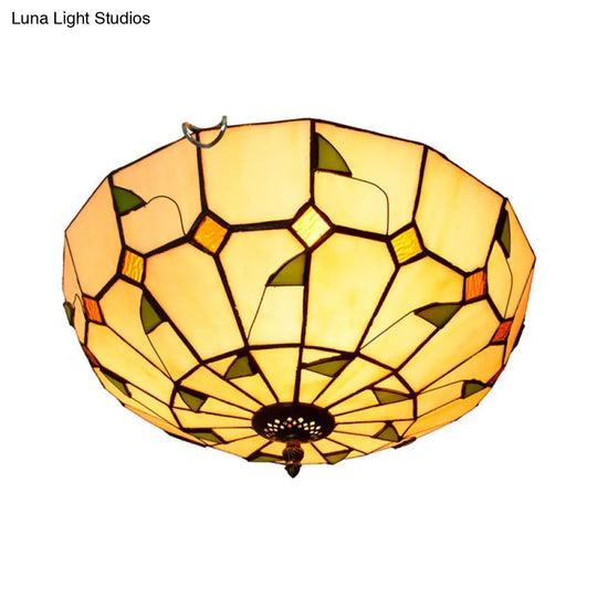 12’/16’ White Dome Tiffany Ceiling Lamp - Multicolored Stained Glass 2/3 Bulbs Flush Mount Lighting