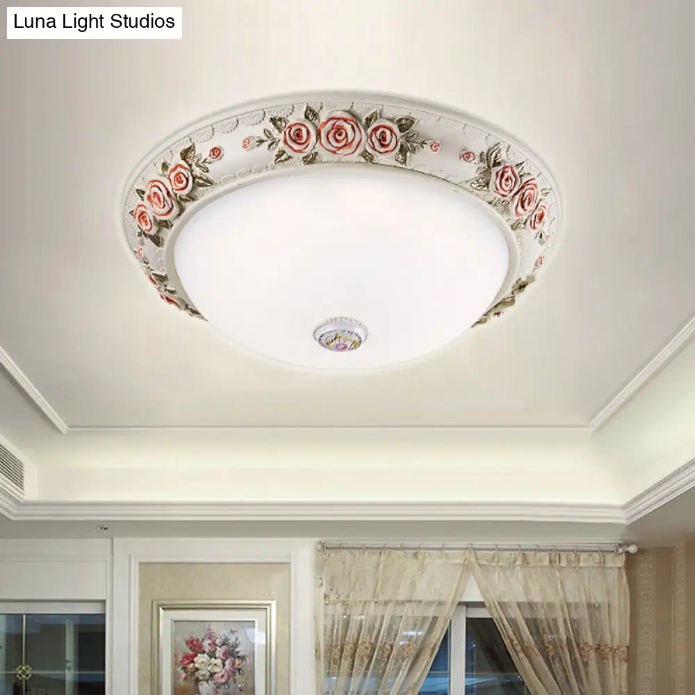 12’/16’ Wide Domed Ceiling Mounted Light With White Glass Flush Lamp And Rose Deco - Korea