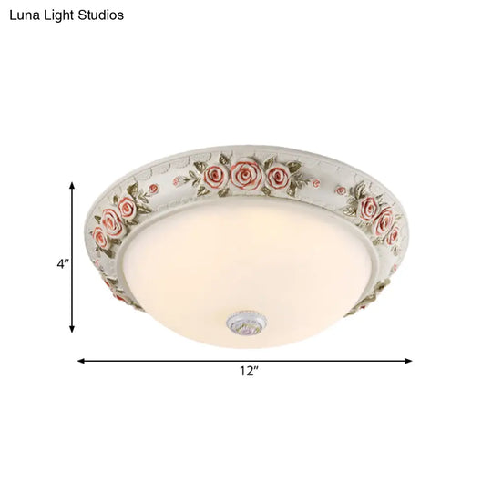 12/16 Wide Domed Ceiling Mounted Light With White Glass Flush Lamp And Rose Deco - Korea Countryside