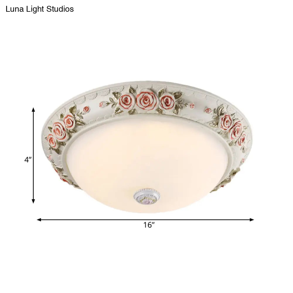 12/16 Wide Domed Ceiling Mounted Light With White Glass Flush Lamp And Rose Deco - Korea Countryside