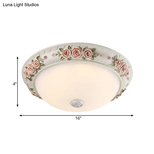 12/16 Wide Domed Ceiling Mounted Light With White Glass Flush Lamp And Rose Deco - Korea Countryside
