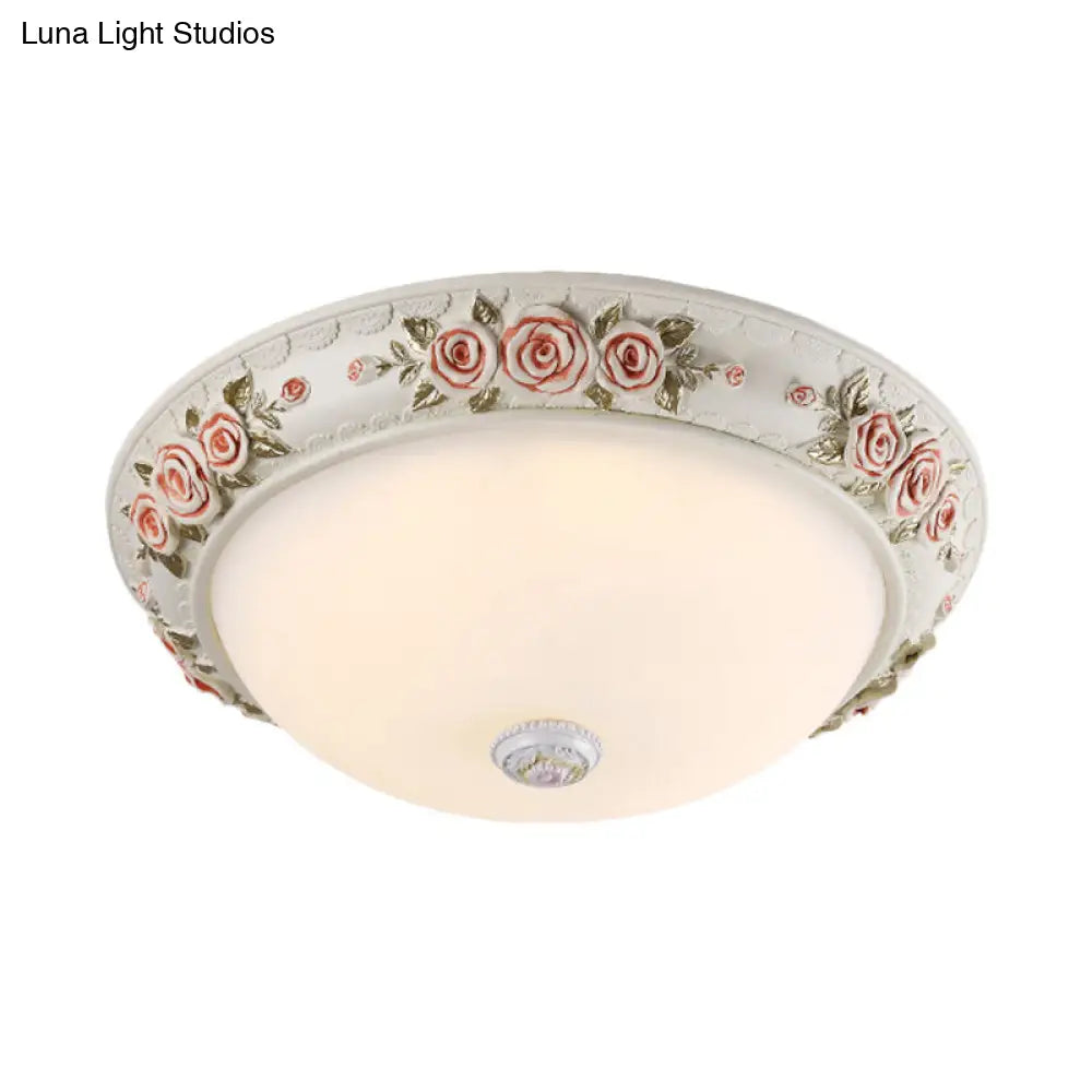 12/16 Wide Domed Ceiling Mounted Light With White Glass Flush Lamp And Rose Deco - Korea Countryside