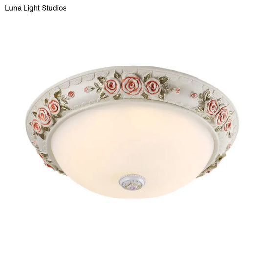 12/16 Wide Domed Ceiling Mounted Light With White Glass Flush Lamp And Rose Deco - Korea Countryside
