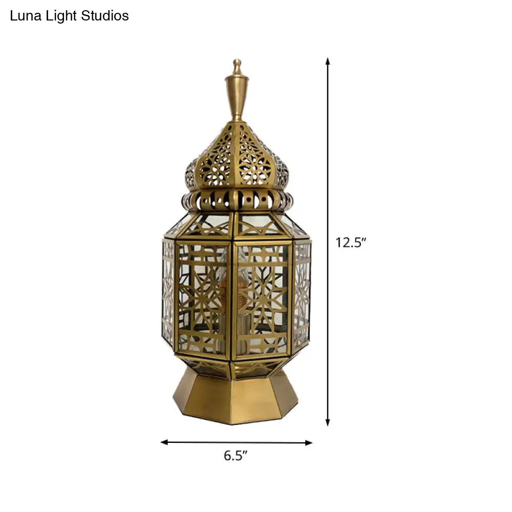 12.5/14 Wide Brass Table Lamp - Antiqued Lantern Metallic Nightstand Light For Bedroom