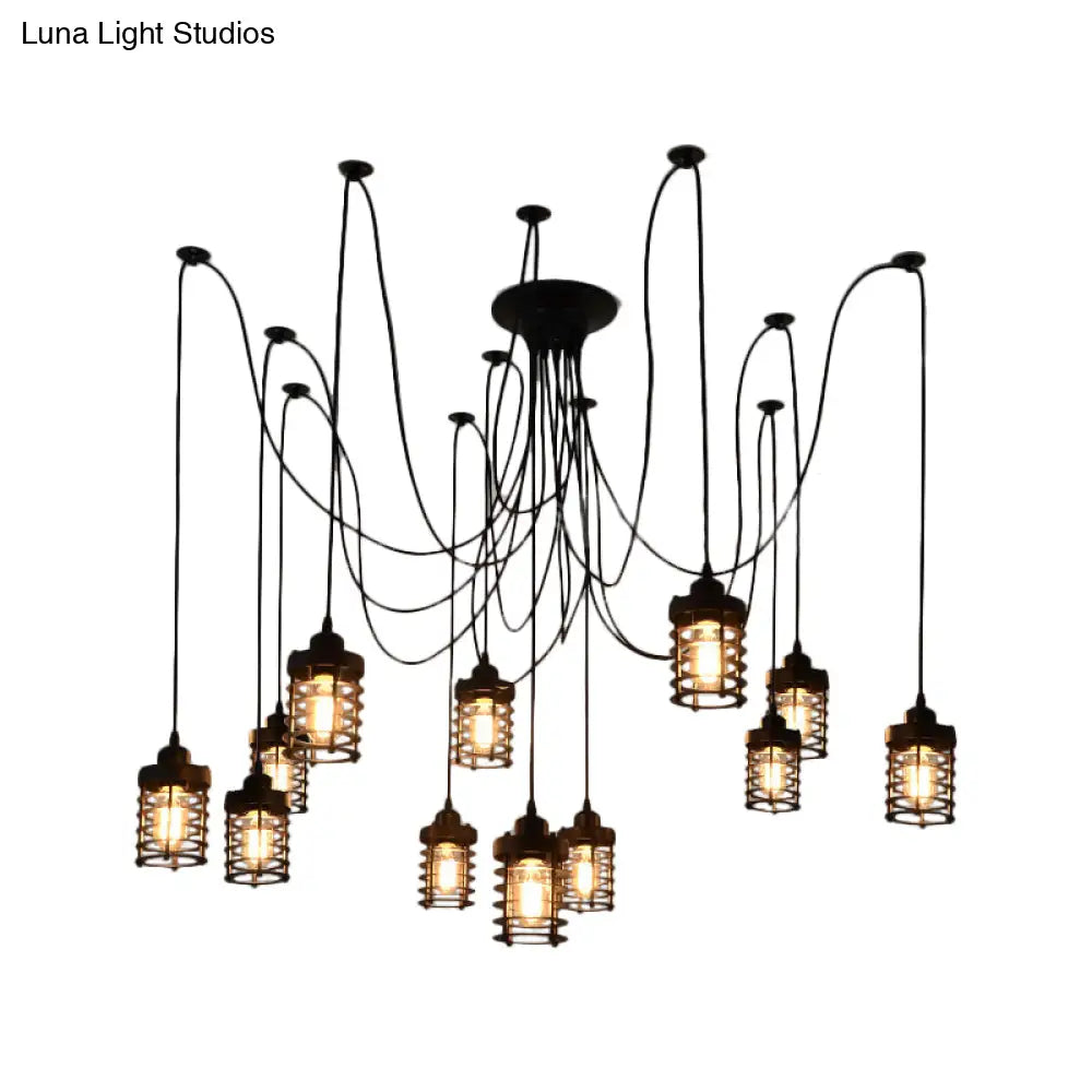 12-Head Swag Pendant Lamp For Farmhouse Bedroom - Multi Light Ceiling Fixture With Black Iron Cage