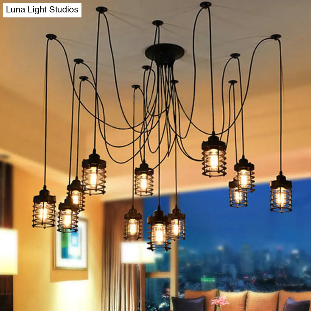 Farmhouse Bedroom Pendant Lamp - 12 Head Swag Multi-Light Ceiling Light With Black Iron Cage