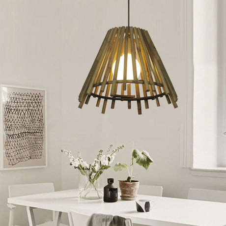Vintage Bamboo Cone Shade Ceiling Light With Led Bulb - Natural Wood Suspension Lamp