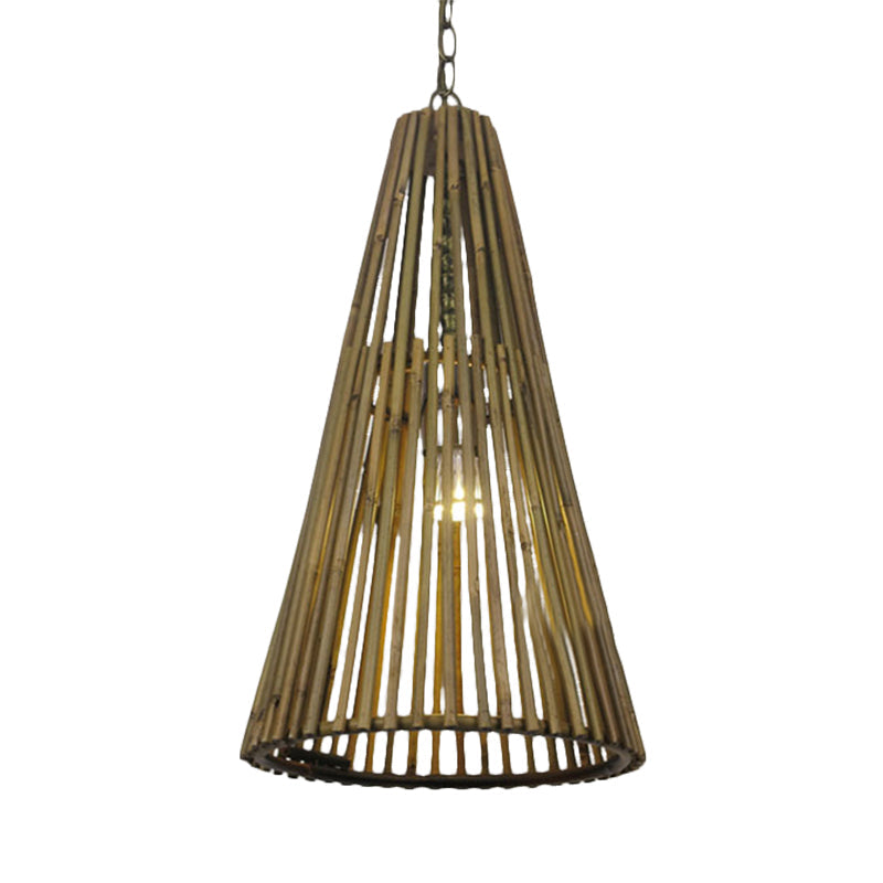Vintage Bamboo Cone Pendant Light - Natural Wood Suspension Lamp With Adjustable Chain