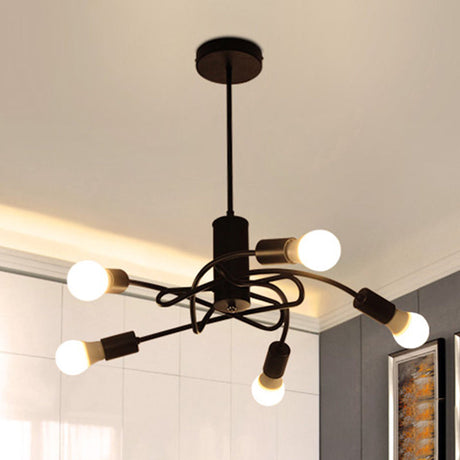 Industrial Vintage Black Metal Chandelier With 3/5 Lights Twirled Design And Exposed Bulbs - Perfect