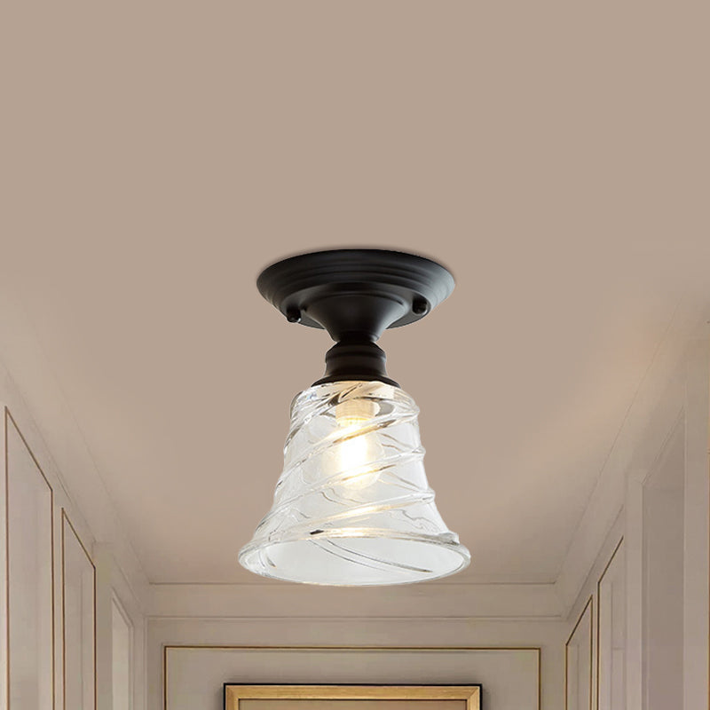 Wavy/Wide Flare Semi - Flush Mount Industrial Black Clear Textured Glass Lighting Fixture