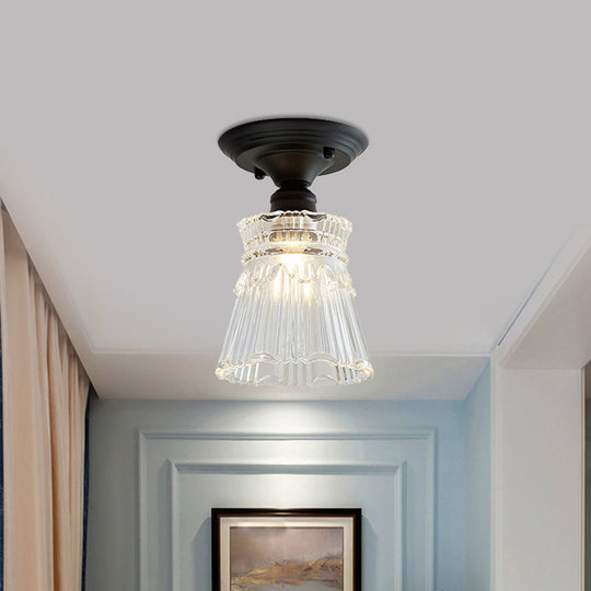 Wavy/Wide Flare Semi - Flush Mount Industrial Black Clear Textured Glass Lighting Fixture