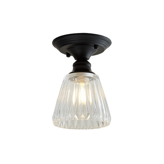Wavy/Wide Flare Semi - Flush Mount Industrial Black Clear Textured Glass Lighting Fixture